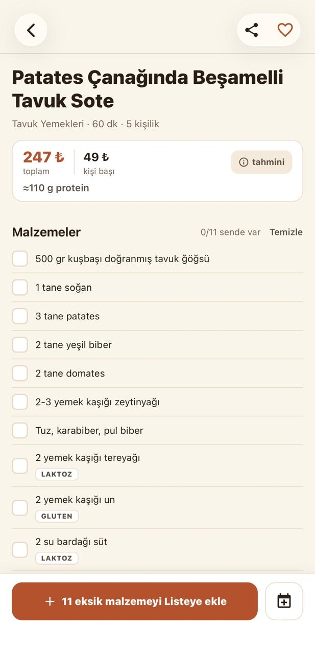 Pişirmeden önce tahmini maliyet