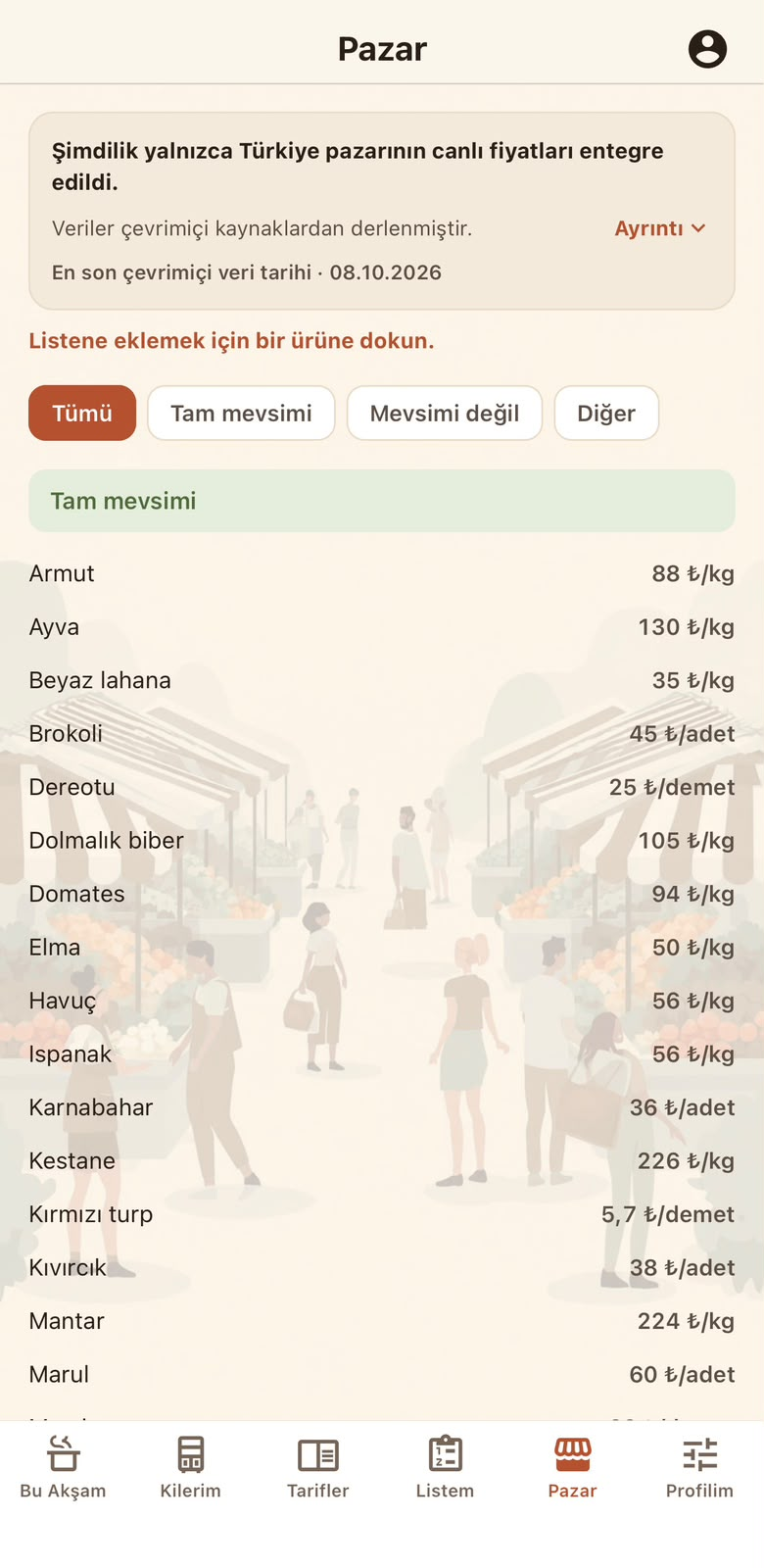 Mevsim ürünleri ve fiyatlar