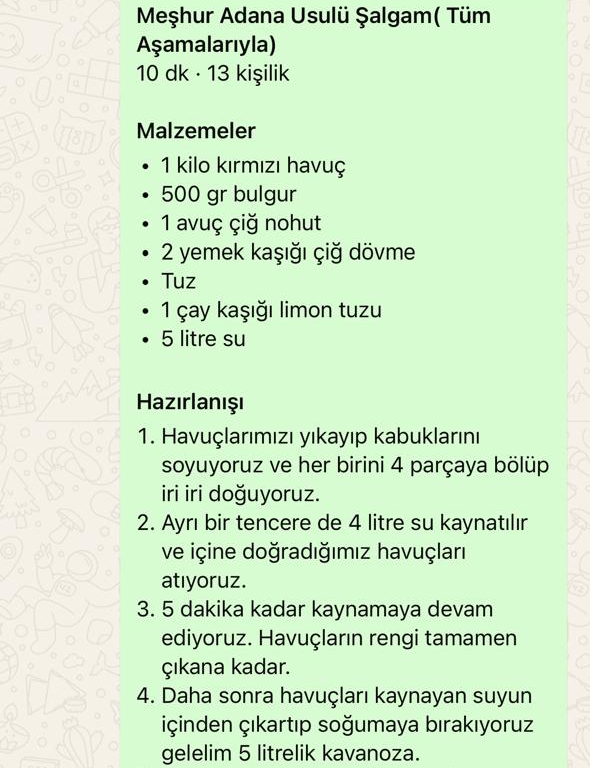 WhatsApp’ta paylaşılan tarif mesajı ve sohbet arka planı